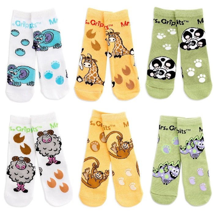 Baby/Toddler Bamboo Socks with Grips - 6-pack Safari (1-4 years)