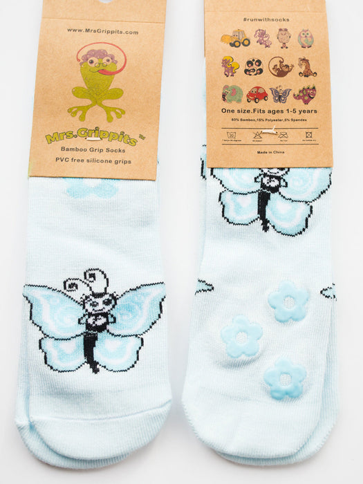 Baby/Kids Bamboo Socks with Grips - Blue Butterfly