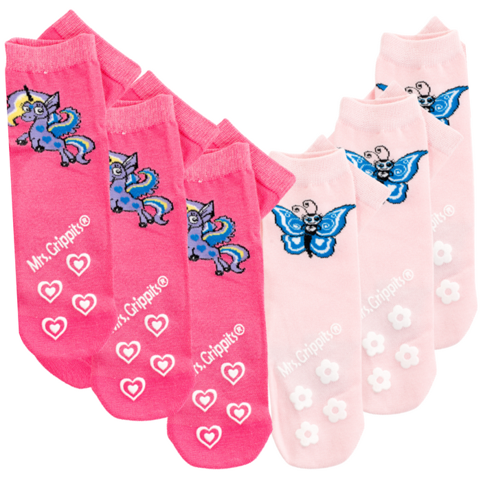 Butterfly/Unicorn Non-Slip Socks 6-pack (5-9 years)